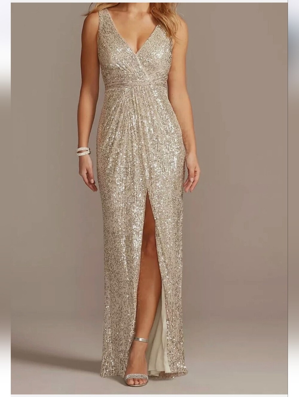 David's Bridal champagne sequin pleated v-neck gown with slit sz 12